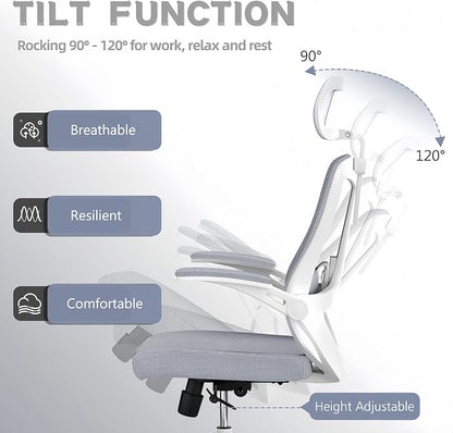 Ergonomic Office Chair - 350LB Comfy Desk Chairs with Adjustable Headrest and Lumbar Back Support, Mesh Computer Chairs with Wheels and Arms for Home Office, Study (Gray-with Headrest)