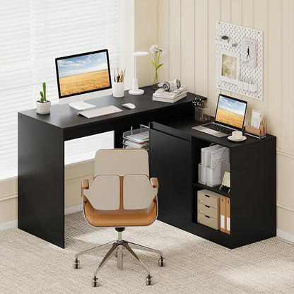 Tangkula Reversible L-Shaped Desk with Storage Cabinet & 4 Shelves, Corner Desk for Writing Study Work Executive, Modern Computer Desk for Small Space, Laptop Workstation for Home Office School