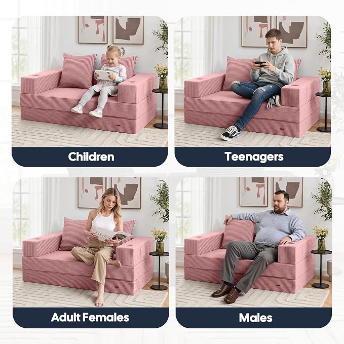COMAX Futon Sofa Bed, 4‑in‑1 Convertible Sofa Bed, Folding Boneless Couches | Boneless Couch for living room, Fold Out Small Foldable Loveseat Floor Sleeper Mattress Lounge Space‑Saving, Pink