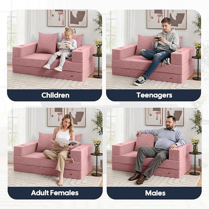 COMAX Futon Sofa Bed, 4‑in‑1 Convertible Sofa Bed, Folding Boneless Couches | Boneless Couch for living room, Fold Out Small Foldable Loveseat Floor Sleeper Mattress Lounge Space‑Saving, Pink