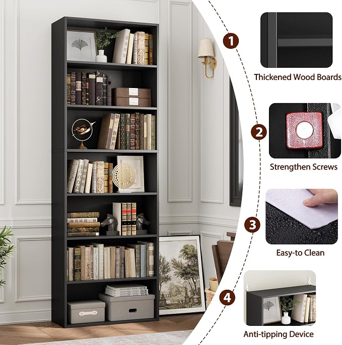 FACBOTALL 82" Tall Bookshelf, 7-Tier Open Shelves Bookcase, Freestanding Display Storage Shelves, Tall Bookcase Home Decor Furniture for Home Office, Living Room, Bedroom, Black