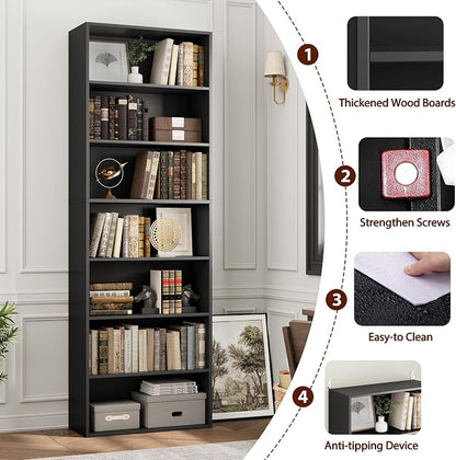 FACBOTALL 82" Tall Bookshelf, 7-Tier Open Shelves Bookcase, Freestanding Display Storage Shelves, Tall Bookcase Home Decor Furniture for Home Office, Living Room, Bedroom, Black