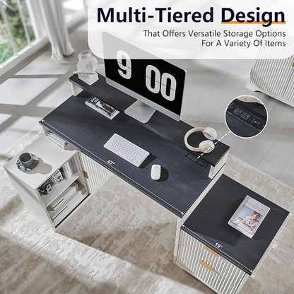 JXQTLINGMU 67" Modern L Shaped Desk with Storage Cabinet & Drawers, Wood Home Office Desk with Power Outlets, Fluted Computer Writing Desk, Antique White