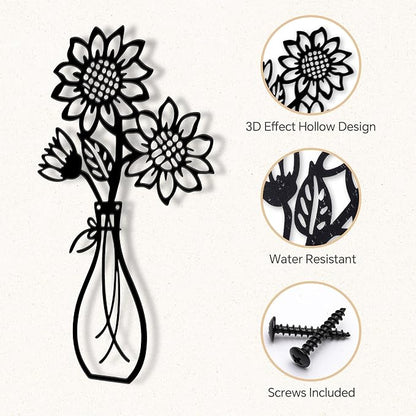 Mcdagogn 3 Pieces Metal Flowers Wall Arts - Rustic Farmhouse Wall Decor, Minimalist Black and White Wall Decor for Living room Bathroom Bedroom Dining Room Kitchen Office - Housewarming Gifts