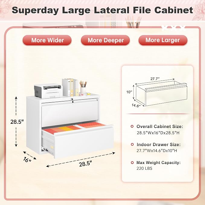 Superday Lateral File Cabinet 2 Drawer Metal File Cabinet with Lock, White Filing Cabinets for Home Office, Locking Filing Cabinets Hanging Files Letter/Legal/F4/A4