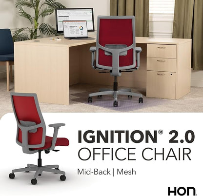 HON Ignition 2.0 Mid‑Back Ergonomic Office Chair, Mesh Task Desk Chair with Lumbar Support, Standard Synchro‑Tilt, Height and Width Adjustable Arms, Titanium Frame, Bullseye