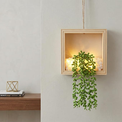 2 Pack Fake Plants Hanging, Artificial Succulents Plants in Square Wooden Frame with Glow Accents, Boho Wall Decor for Office Living Room Bathroom Bedroom Kitchen Indoor Outdoor, Natural Wood