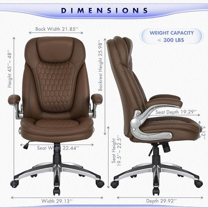 COLAMY Office Chair Ergonomic Desk Chair-Executive Office Chair with Upgraded Caters, High Back Computer Chair Flip-up Arms, Strong Metal Base, Swivel Leather Chair for Work/Study, 300lbs, Brown