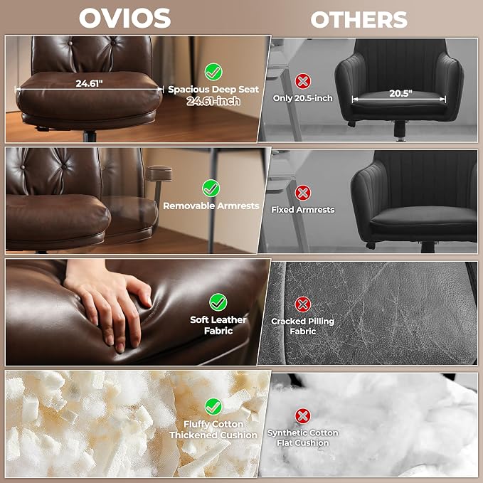 ovios Ergonomic Office Chair, High Back Faux Leather Executive Chairs with Thick Cushion, Comfy Mid-Century Modern Swivel Rolling Computer Armchair (Dark Brown, PU Leather)