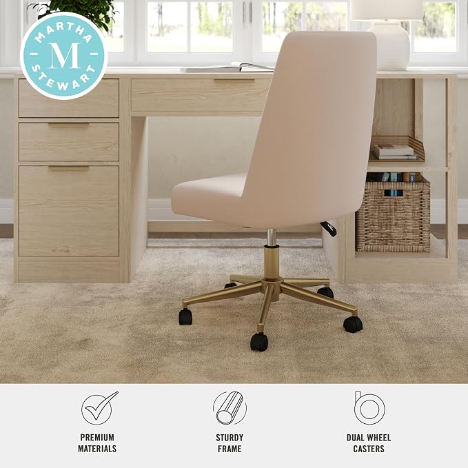 Martha Stewart Maeve Swivel Task Chair with Height Adjustable Seat for Home Office in Conch Shell Fabric with Polished Brass Frame