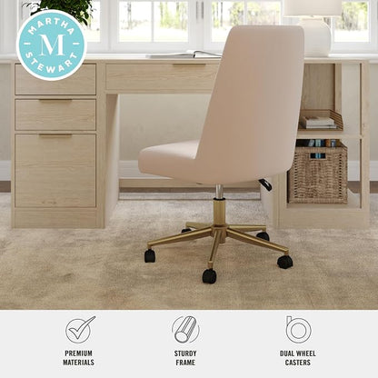 Martha Stewart Maeve Swivel Task Chair with Height Adjustable Seat for Home Office in Conch Shell Fabric with Polished Brass Frame