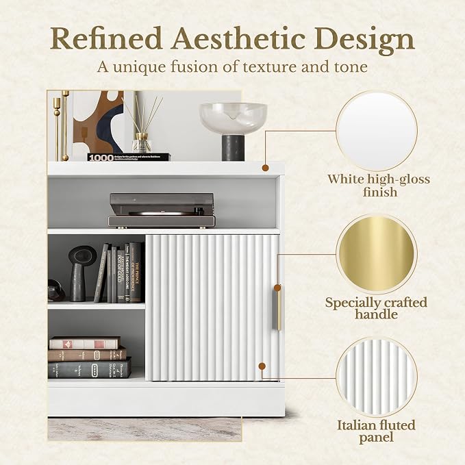 Fluted File Cabinet with Door, 32'' Lateral File Cabinet with Open Adjustable Shelves, Wood Filing Cabinet with Sliding Door for Home Office, White
