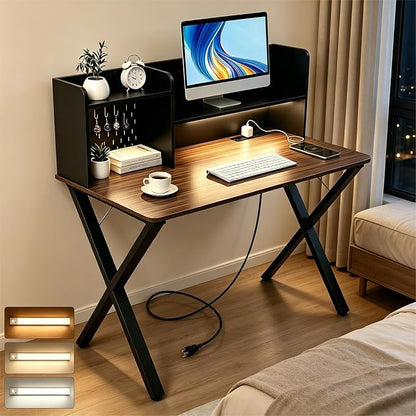 44"×24" Black Computer Desk with Charging Ports, Home Office Desk with Hutch Pegboard Study Gaming Desk with Motion Sensor Light, Modern Writing Desk Table for Home Office Bedroom Kis Room