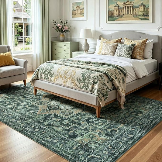 Lofus 5x7 Washable Rugs Non-Slip, Vintage Floral Area Rug for Living Room Bedroom Dining Room Kitchen, Low Pile Distress Print Carpet Home Decor Rug, Octagram Medallion Green