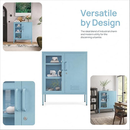 29.5" Wide Blue Metal Storage Cabinet with Lock and Ventilated Doors, 2 Adjustable Shelves, Heavy Duty Home Metal Accent Locker for Kitchen Office Living Room Hallway
