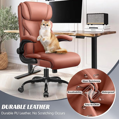HeroSet Office Chair, Ergonomic Big and Tall Computer Desk Chairs, Executive Breathable Leather Chair with Adjustable Flip-up Armrests, Lumbar Support Swivel PC Chair with Rocking Function,Matte Brown