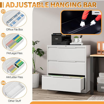 3-Drawer Metal File Cabinet with Lock,Steel Printer Stand with Storage for Home Office,Lateral Filing Cabinet for Legal/Letter/A4 Files,Assembly Required(35.43''W-3 Drawers,White)