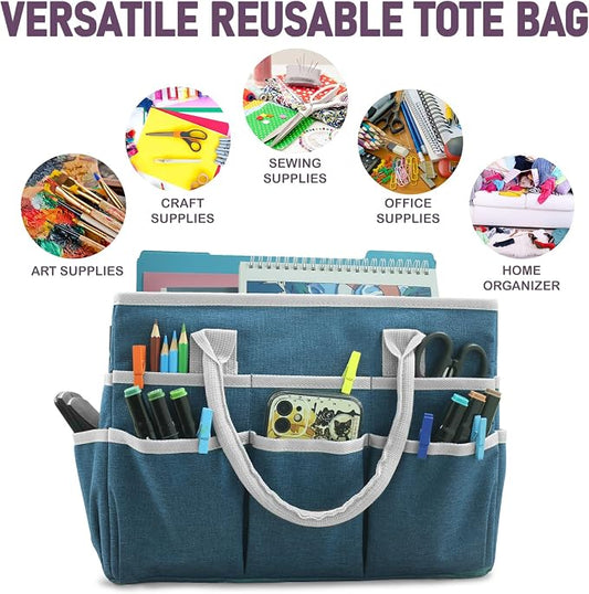 Cupohus Art Organizer Craft Storage Tote Bag with Pockets and Handles, Oxford Fabric Carrying Caddy for Teacher, Officer, Artist, Traveler, and more –Dark Green