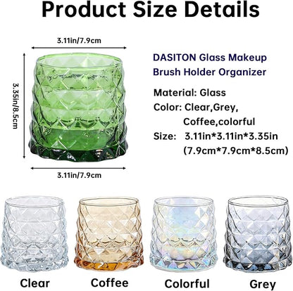 DASITON Glass Makeup Brush Holder Organizer, Diamond Pattern Cosmetic Storage Cup, Makeup Organizer for Vanity, Bathroom Countertop Toothbrush Holder, Desk Pen Pencil Holder (Green)