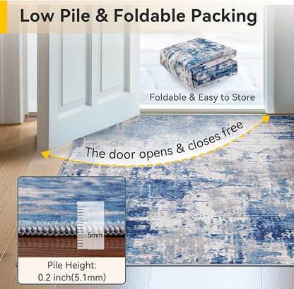 RELEANY Washable Area Rugs 3'x5' Non-Slip Modern Abstract Soft for Living Room Entryway Bedroom Kitchen, Print Pattern, Blue Grey Navy Gray