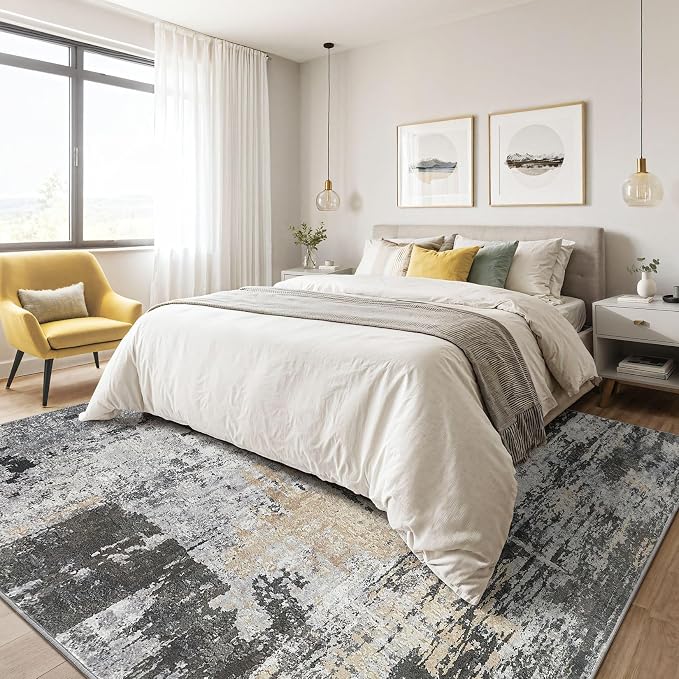 6x8 Area Rug Living Room: Washable Large Abstract Modern Soft Rug Stain Resistant Indoor Floor Non-Slip Accent Carpet for Bedroom Nursery Playroom Dining Room Office Dorm Home House- Black Gold