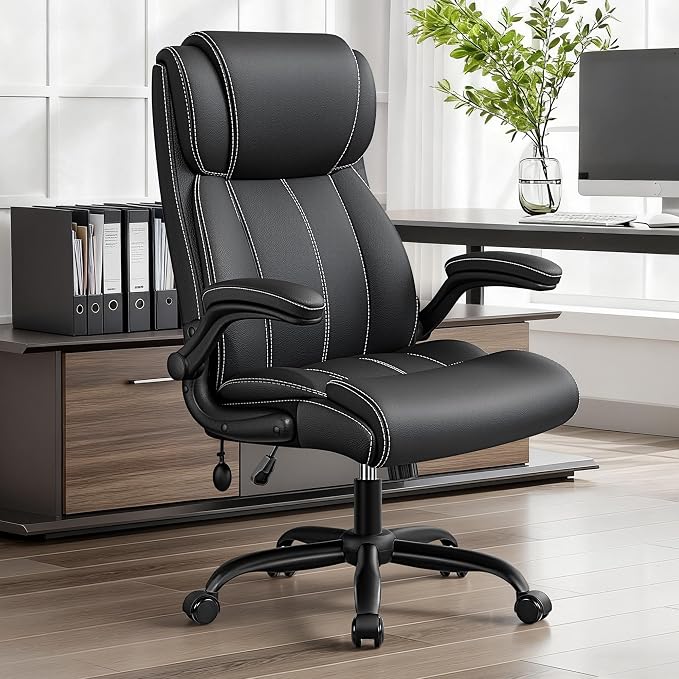 BESTFAIR Ergonomic Office Chair - Desk Computer Chair, Leather High Back Executive Chairs with Adjustable Lumbar Support & Flip Up Arms, Rocking, Black