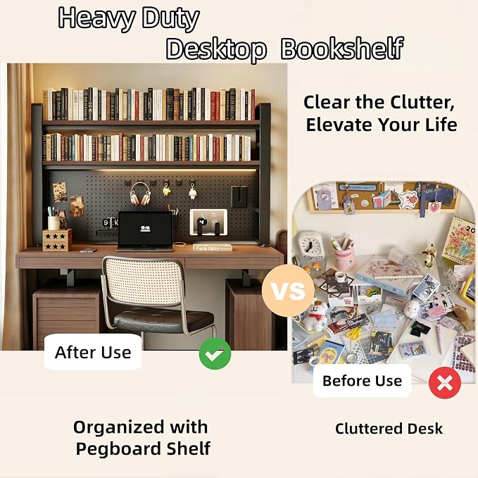Desktop Hutch Bookshelf, 2-Tier Metal Desk Shelf for Top of Desk | Heavy Duty Countertop Organizer Rack with Peg Board & Accessories Space-Saving Storage for Dorm, Office & Home
