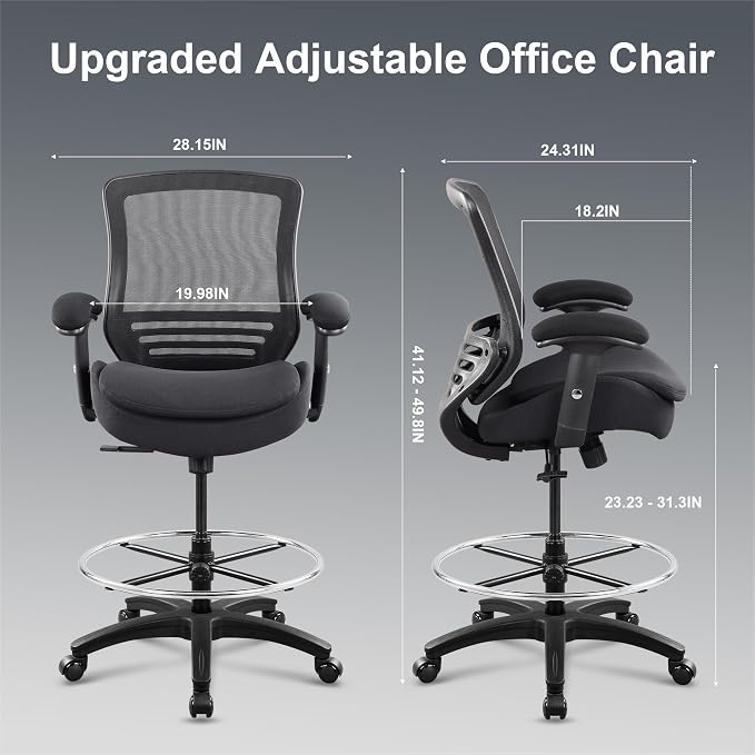 400lbs Office Drafting Chair Wide Dual Seat Cushion for High Standing Desk with Lumbar Support and Enlarged Adjustable Footrest-Black