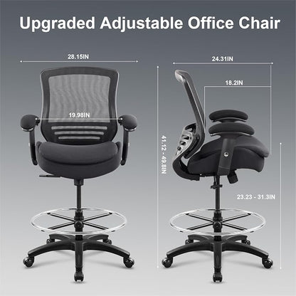 400lbs Office Drafting Chair Wide Dual Seat Cushion for High Standing Desk with Lumbar Support and Enlarged Adjustable Footrest-Black