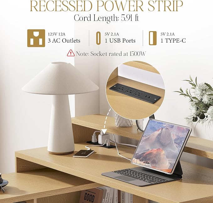 67" L Shaped Executive Desk with Drawers & Storage Shelf, Corner Computer Desk with Power Outlets, Home Office Desk with Monitor Stand, Printer Shelf, Computer Writing Desk for Work, Oak