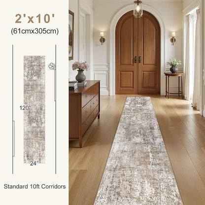 UERMEI 2x10 Washable Runner Rug for Hallway, Non Slip Low Pile Kitchen Carpet, Neutral Modern Abstract Indoor Floor Mat for Entryway Laundry, Kid & Pet Safe High Traffic Area, Brown/Grey/Red