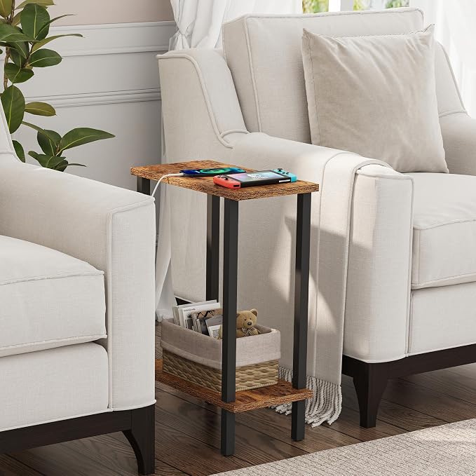 TUTOTAK Small Side Table, Narrow End Table, Set of 2, Skinny Sofa Table, Slim Nightstand, Couch Table, Living Room, Bed Room, Brown TB01BB0622