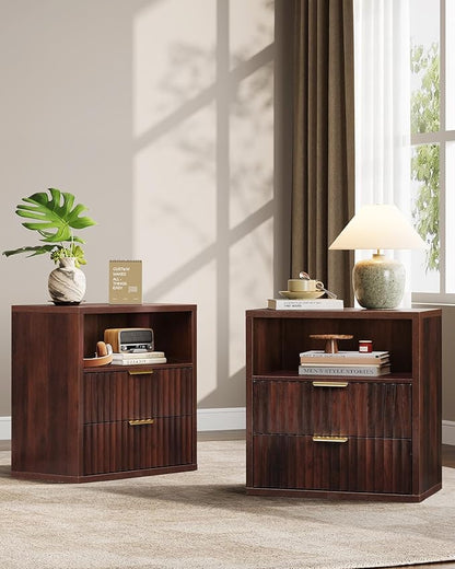 WLIVE Fluted Night Stand Set 2, Wood Nightstands Sets of 2 with Storage Drawers and Open Shelf, Mid Century Modern Bed Side Tables for Bedroom, Dorm, Espresso