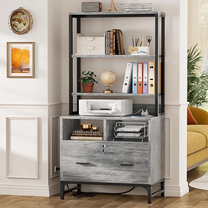 Homieasy File Cabinet with Charging Station, Vertical Filing Cabinet with Lock & Large Drawer, Printer Stand with Storage Shelves, Office Storage Cabinet fits Letter/A4/Legal Size, Light Oak