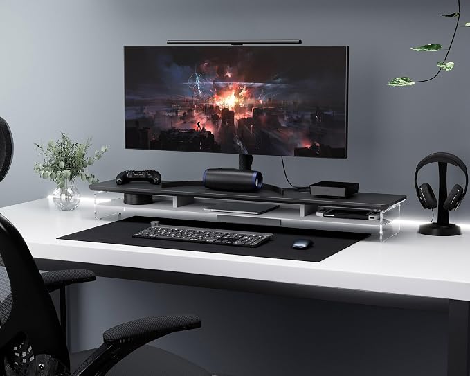 Fenge Acrylic Monitor Stand, 42.5 Inch Clear Dual Monitor Riser with Metal Storage, 2 Tier Computer Riser with LED Lights for Desk, Laptop, Printer, TV