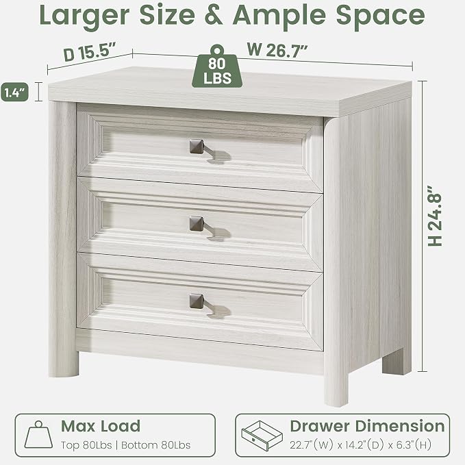White Nightstand Set of 2, Farmhouse Night Stand with 3 Drawers, Modern Bedside Table with Metal Knobs, Large End Table for Living Room Bedroom Home Office Furniture Storage