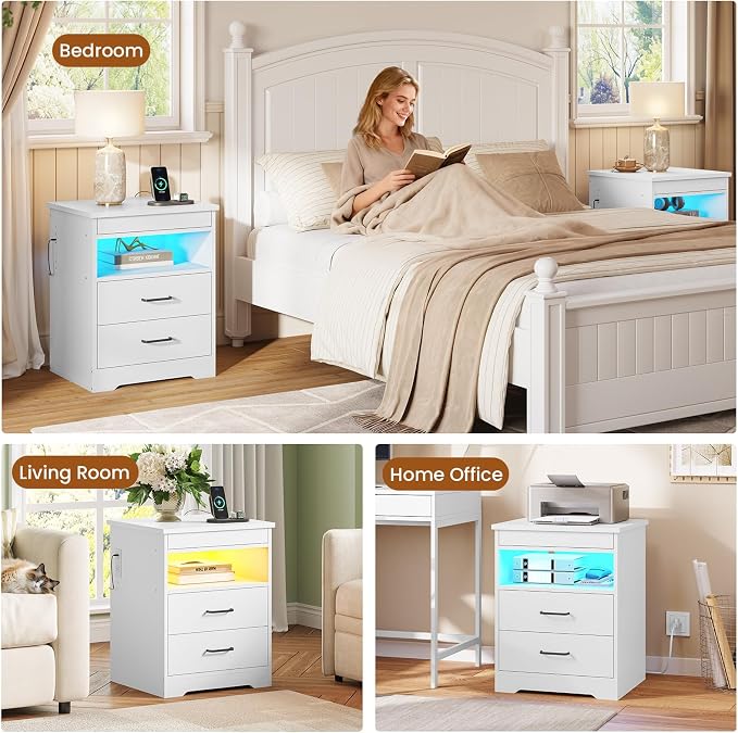 DICTAC Nightstand with Charging Station and LED Lights, Bedside Table with Lockable Sliding Desktop, Modern Night Stand with Storage Drawers and Open Shelf, End Side Table for Bedroom, Home Office