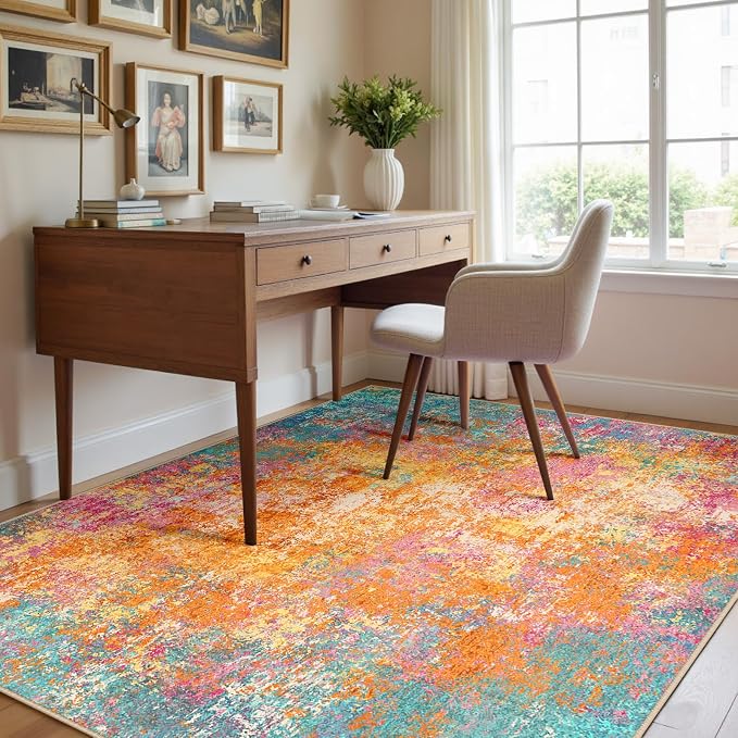 RELEANY Washable Area Rugs 4'x6' Non-Slip Modern Abstract Soft for Living Room Entryway Bedroom Kitchen, Print Pattern, Orange Blue Pink Yellow Colorful