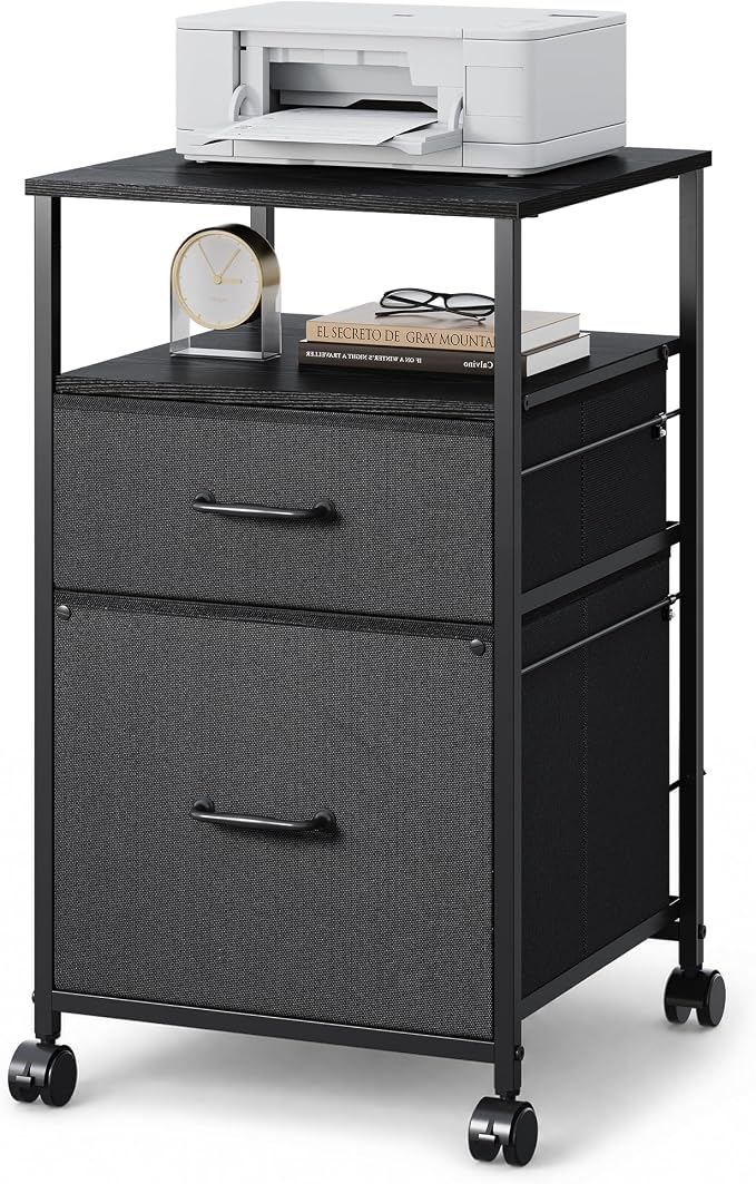 DEVAISE Mobile File Cabinet, Rolling Printer Stand with Open Storage Shelf, Fabric Vertical Filing Cabinet fits A4 or Letter Size for Home Office, Black