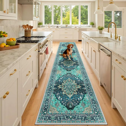 RELEANY Area Rugs Runner 2'x10' Washable Non-Slip, Floral Vintage Distress Medallion Carpet for Kitchen Hallway Bedroom Beside Laundry Room Bathroom, Teal Green Lake Blue Turquoise