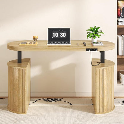 Mid Century Modern Electric Standing Desk with Storage, 55 x 22 Inch Small Sit Stand Up Desk, Wood Adjustable Height Computer Executive Desk for Home Office, Laptop, Oak