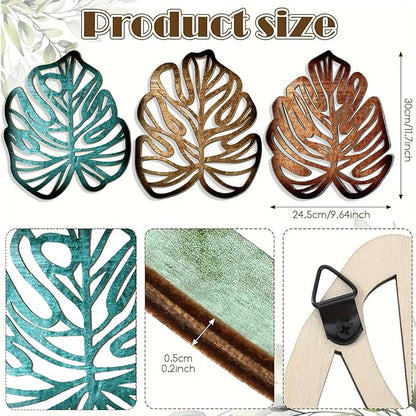 Palm Leaves Wood Wall Decor , 3Pcs Tropical Wall Art Jungle Decor, Wooden Natural Leaves Plant Wall Decor, Vintage Tropical Plant Plaque for Home Living Room Kitchen Bedroom Bathroom & Garden, Blue&Brown