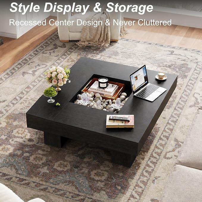 LVB Black Coffee Table, Modern Wood Led Living Room Table with Storage, Unique Large Wide Square Center Table with LED Light, Contemporary Low Tea Table for Bedroom Home Office, 39.37 Inch, Black Oak