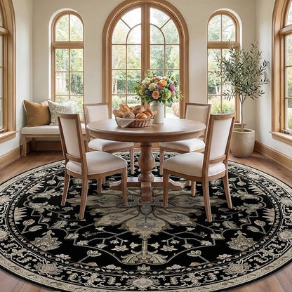 RELEANY Area Rugs Round 10ft Washable Non-Slip, Floral Vintage Distress Medallion Carpet for Living Room Bedroom Dining Room, Black Brown Neutral Dark Tan