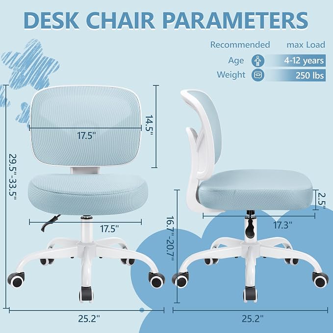 Primy Kids Desk Chair, Pink Study Chair for Boys Girls with Height Adjustable, Swivel Mesh Task Student Chairs for 4-12, Growing Teen Office Chair for Home/School/Office(Light Blue)