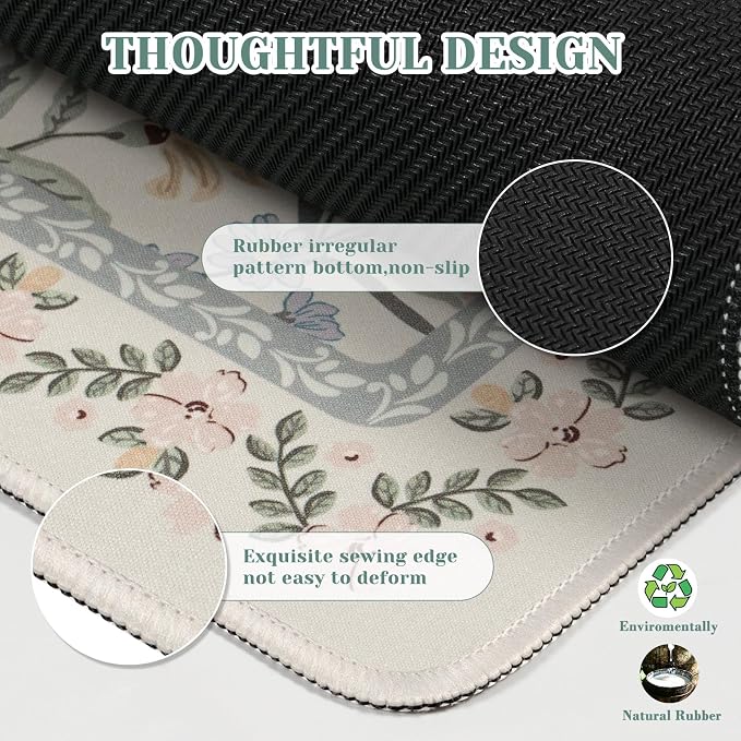 iCasso Aesthetic Flower Mouse pad for Laptop, Desk Pad Mat, Desk Matt for Desktop 13.7"x23.6", Anti-Slip Mousepad with Stitched Edges for Laptop Computer Keyboard(Gray Floral)