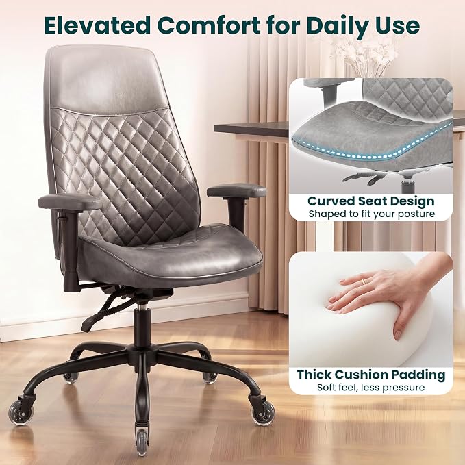 NEO CHAIR Ergonomic Leather Office Desk Chair with Adjustable Height Armrests High Back Lumbar Support Swivel Executive Computer Chair with Wheels Comfy Home Office Chair for Adults (Grey)