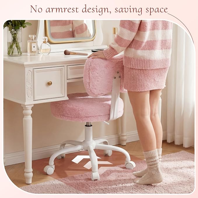 Homkdom Vanity Chair with Bow Back for Bedroom Faux Rabbit Fur Pink | High-Density Foam, Height Adjustable, swivel, 300 lbs,easy assembly for Teens， Make-up Room, Bedroom, Dorm, Study Room