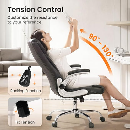 NEO CHAIR Executive Office Chair High Back Ergonomic Computer Desk Chair with Adjustable Lumbar Support Padded FILP-up Arms PU Leather Comfy Task Tilt Swivel for Home (Black)