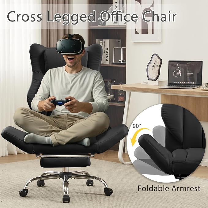 Ergonomic Cross Legged Office Chair with Footrest,Leather Big and Tall Executive Chair with Lumbar Pillow,Reversible Armrest for Pets,155° Reclining Computer Wide Desk Chair for Home,Office, Black
